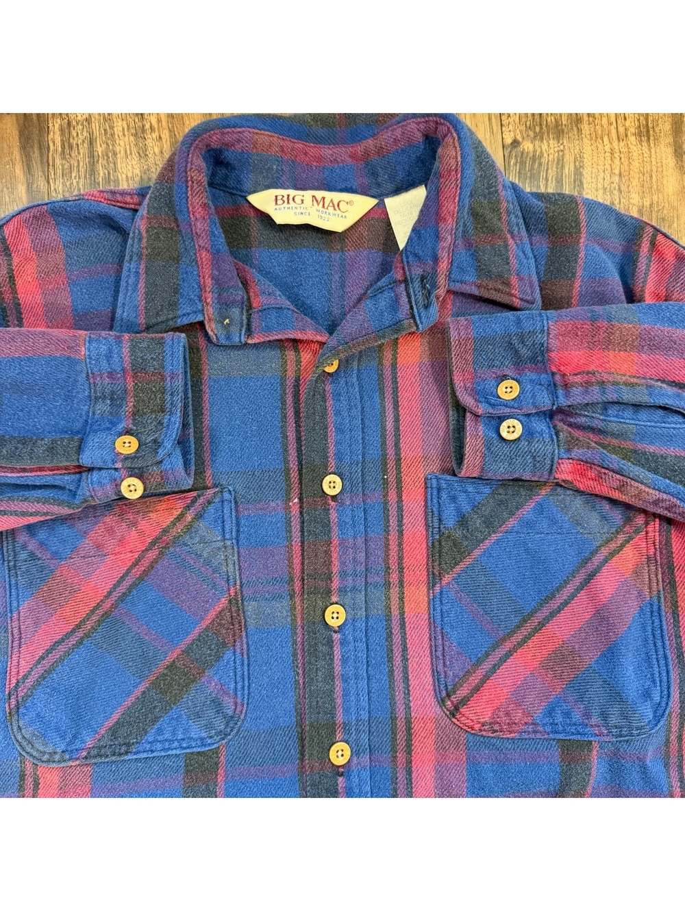 Vintage 90s Big Mac Flannel Shirt Workwear Blue Pink Plaid L Tall Grunge